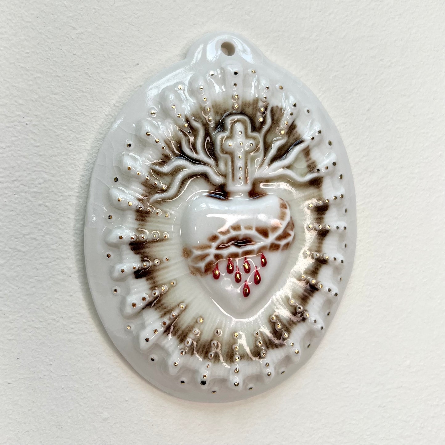 Sacred Heart 10 - Hand crafted Porcelain Table Ornament. Bleeding Sacred Heart in thorns.