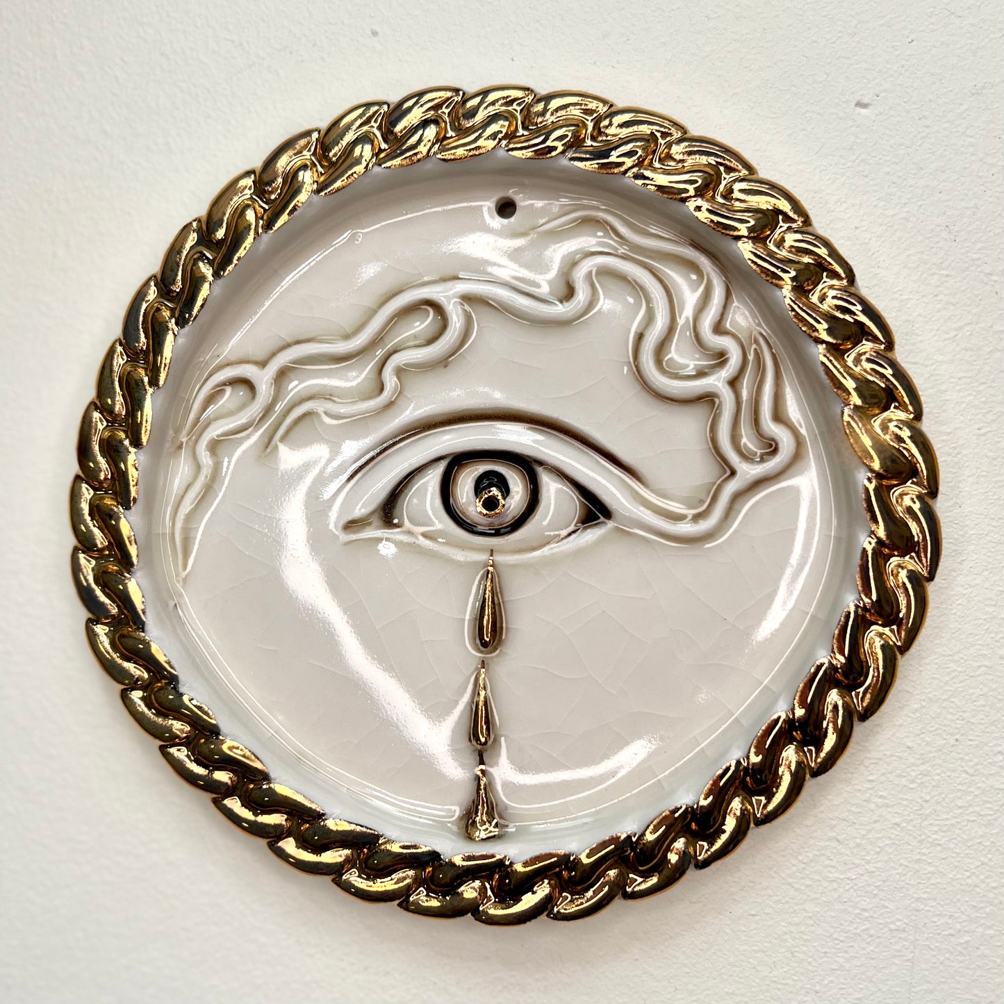 Tear Drop Incense Holder / Wall Ornament 1 - Hand crafted Porcelain Home Ornament - Crying Eye with Tear Drops surrounded by Chain Design