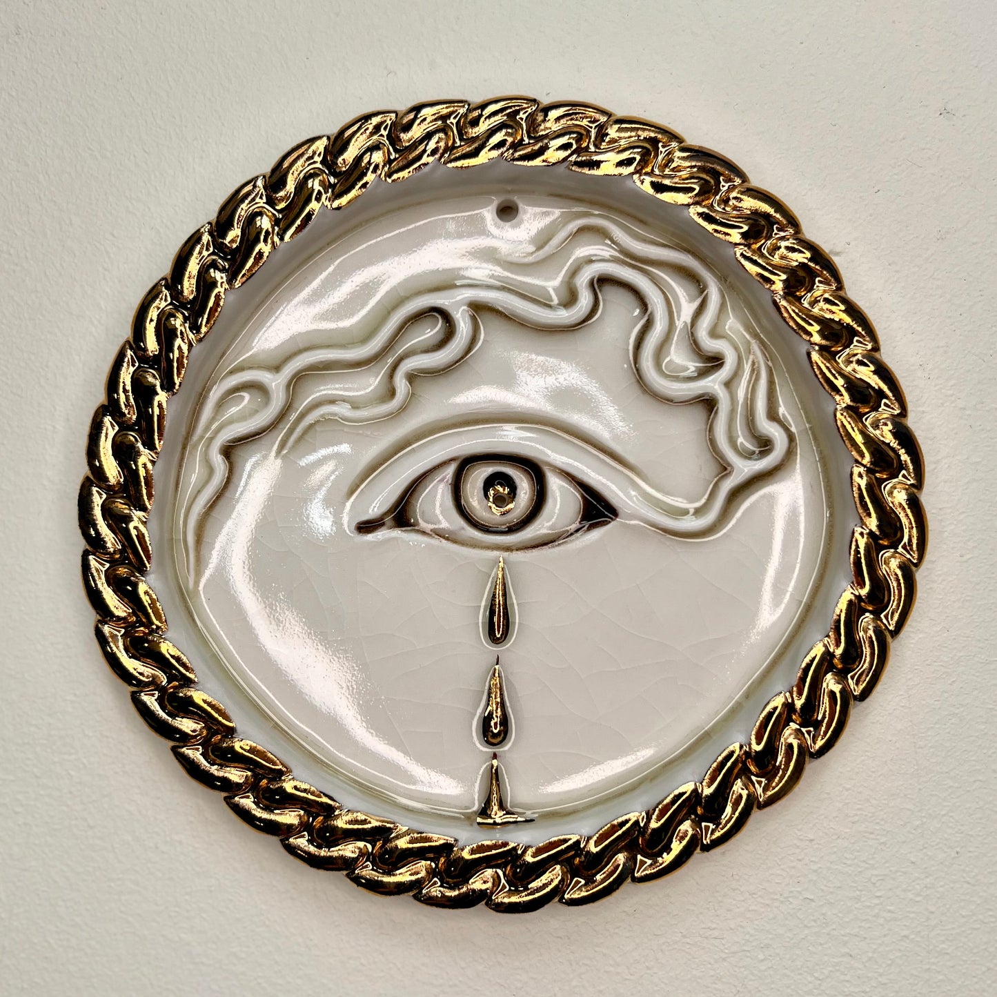Tear Drop Incense Holder / Wall Ornament 2 - Hand crafted Porcelain Home Ornament - Crying Eye with Tear Drops surrounded by Chain Design
