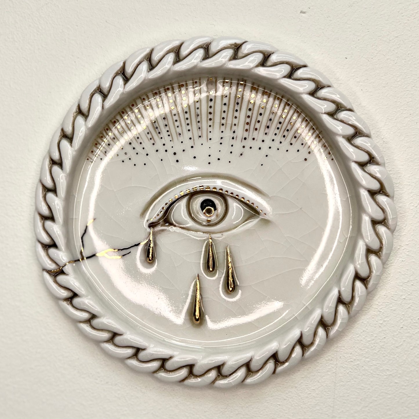 Tear Drop Incense Holder / Wall Ornament 3 - Hand crafted Porcelain Home Ornament - Crying Eye with Tear Drops surrounded by Chain Design