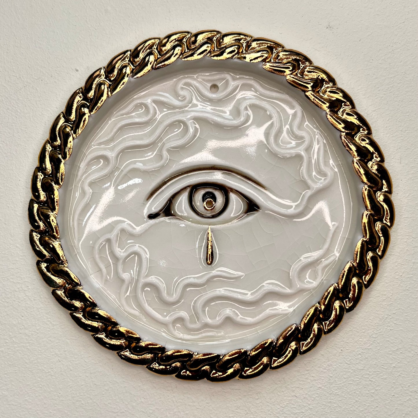 Tear Drop Incense Holder / Wall Ornament 4 - Hand crafted Porcelain Home Ornament - Crying Eye with Tear Drops surrounded by Chain Design