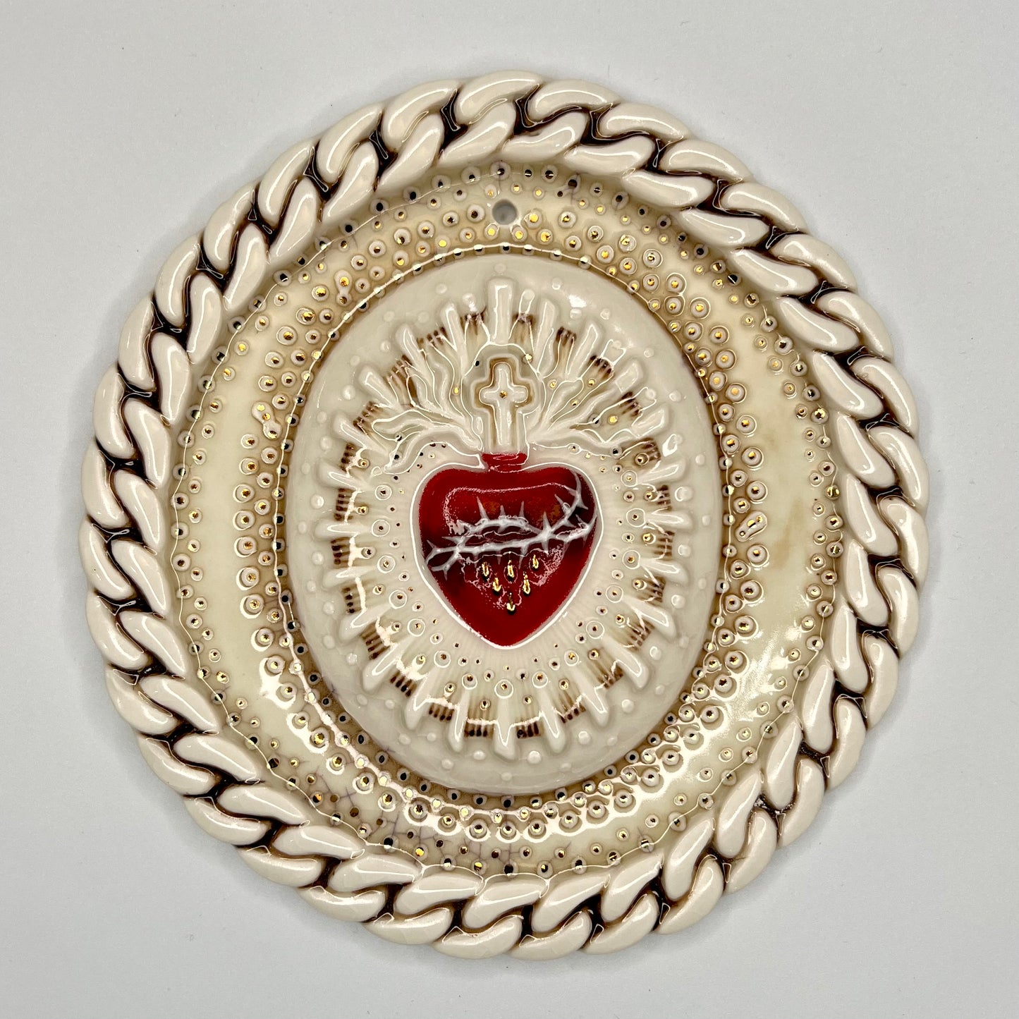 Product Image: Chain Heart 2 - Hand crafted Porcelain Home Ornament. Red Sacred Heart in thorns surrounded by Chain Design