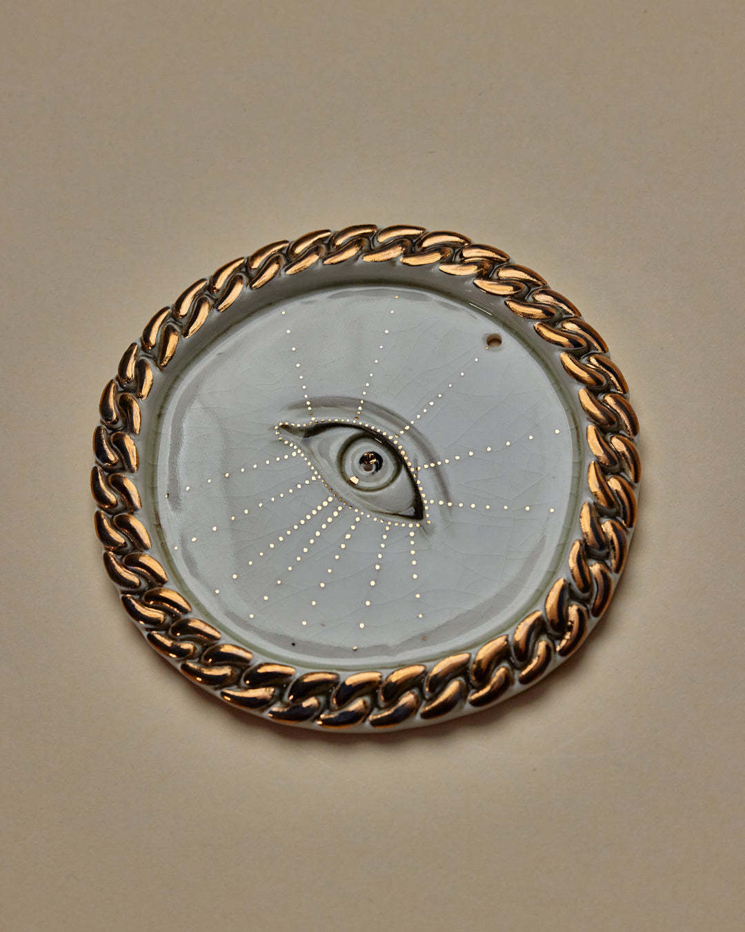 Chain Eye Incense Holder / Wall Ornament 1 -  Hand crafted Porcelain Home Ornament. Circular ornament with Chain Border & Unique Eye Design in middle, hole for Incense at top.