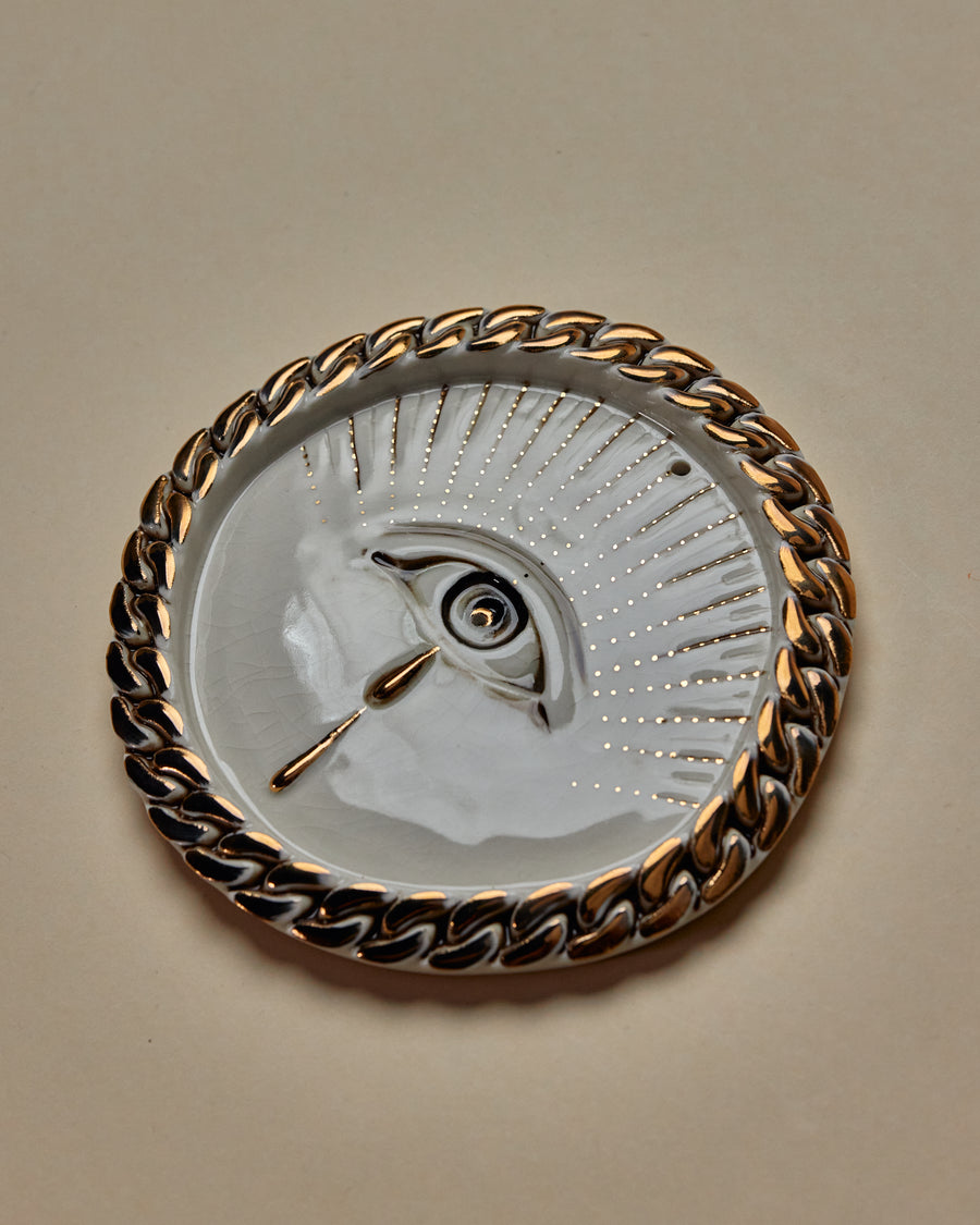 Chain Eye Incense Holder / Wall Ornament 2 -  Hand crafted Porcelain Home Ornament. Circular ornament with Chain Border & Unique Eye Design in middle, hole for Incense at top.