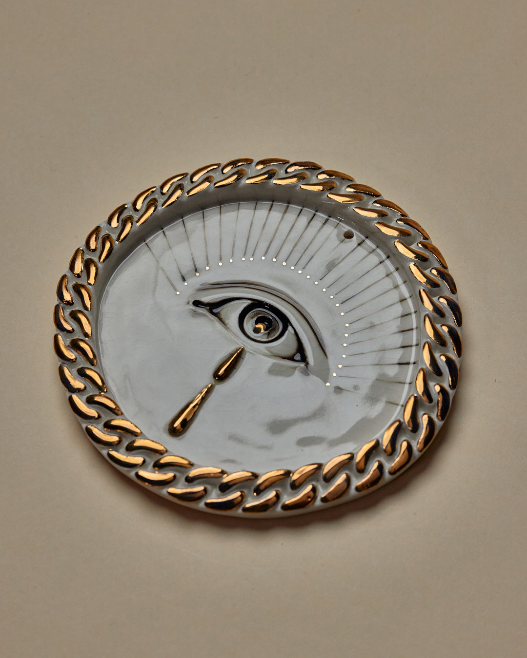 Chain Eye Incense Holder / Wall Ornament 3 -  Hand crafted Porcelain Home Ornament. Circular ornament with Chain Border & Unique Eye Design in middle, hole for Incense at top.