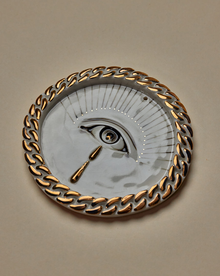 Chain Eye Incense Holder / Wall Ornament 3 -  Hand crafted Porcelain Home Ornament. Circular ornament with Chain Border & Unique Eye Design in middle, hole for Incense at top.