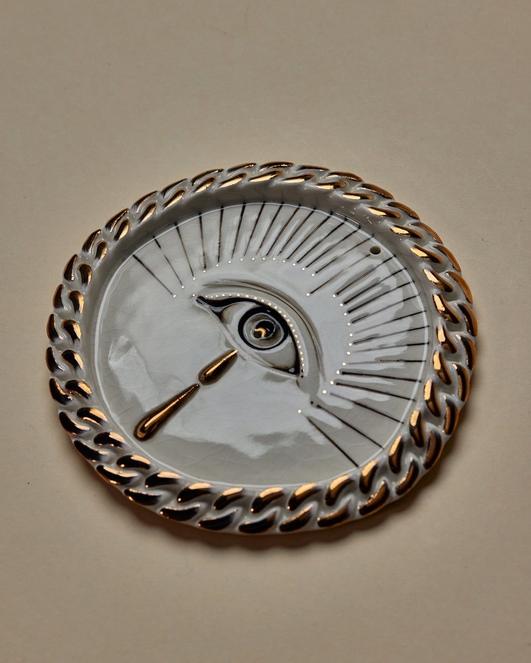 Chain Eye Incense Holder / Wall Ornament 4 -  Hand crafted Porcelain Home Ornament. Circular ornament with Chain Border & Unique Eye Design in middle, hole for Incense at top.