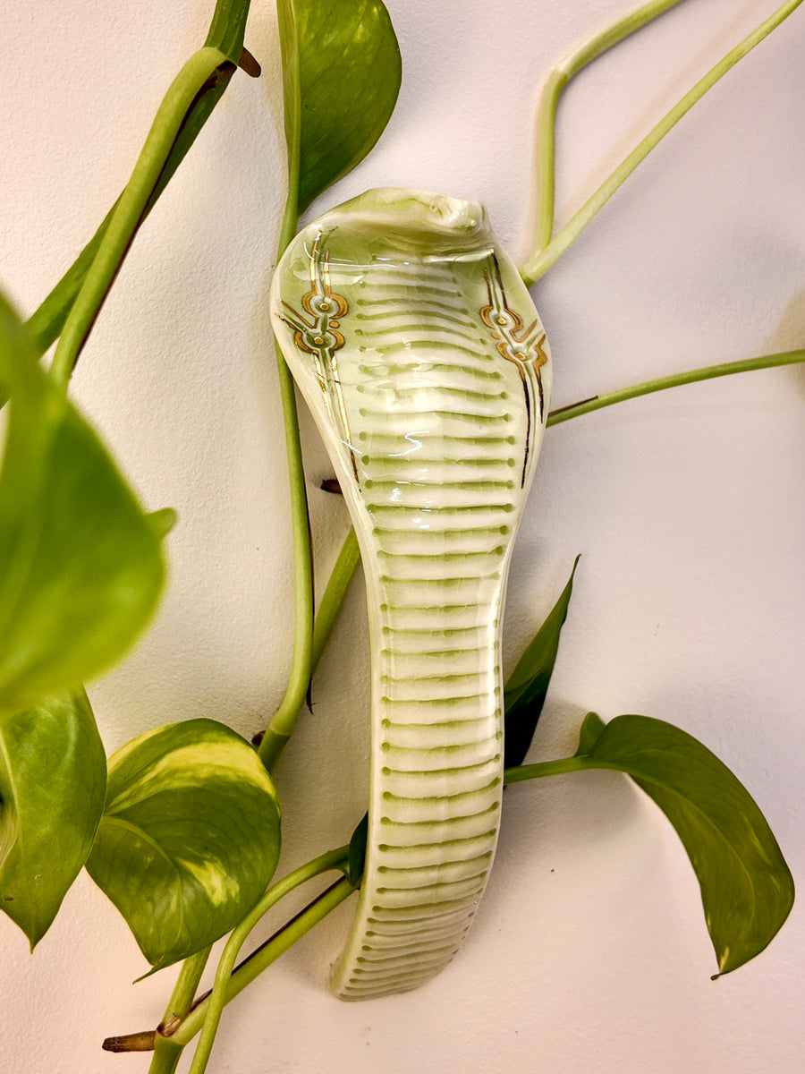 A glossy ceramic cobra wall sculpture in pale green and cream, styled with green plant leaves against a light pink wall.