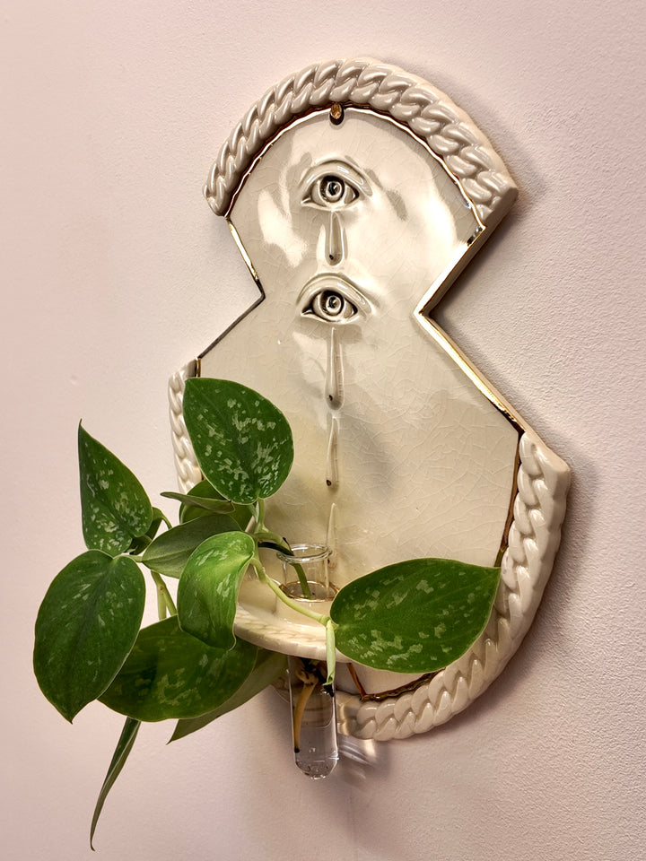 A porcelain wall-mounted planter shaped like a stylized face with two eyes, mounted on a beige wall. A green trailing plant is placed in the clear glass planter, and the ceramic body forms a shallow tray around it.