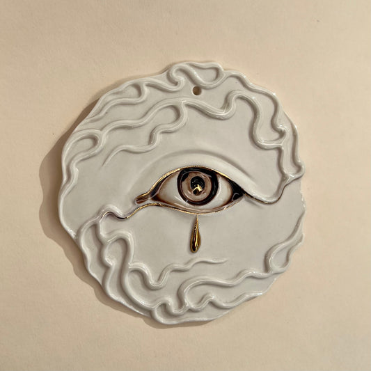 Flaming Eye Incense Holder / Wall Ornament 1a -  Hand crafted Porcelain Home Ornament. Circular ornament with Eye and Flame Border.