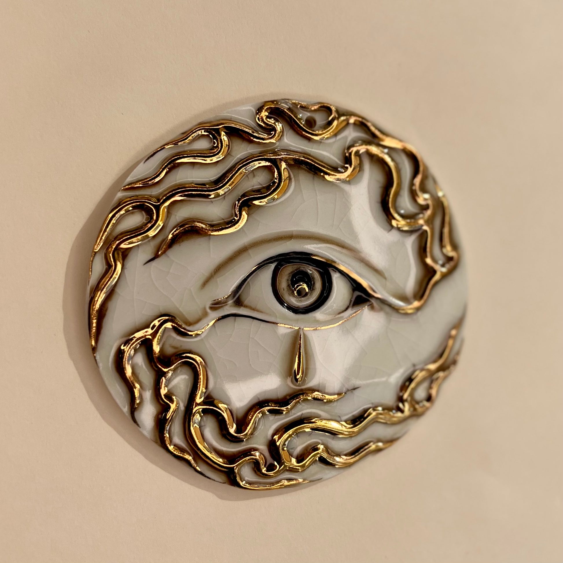 Flaming Eye Incense Holder / Wall Ornament 2a -  Hand crafted Porcelain Home Ornament. Circular ornament with Eye and Flame Border.