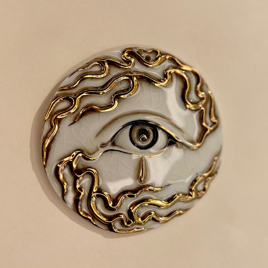 Flaming Eye Incense Holder / Wall Ornament 2a -  Hand crafted Porcelain Home Ornament. Circular ornament with Eye and Flame Border.