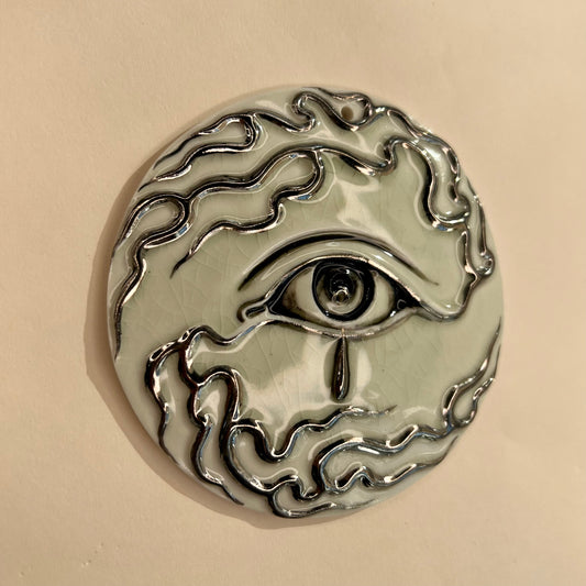 Flaming Eye Incense Holder / Wall Ornament 3a -  Hand crafted Porcelain Home Ornament. Circular ornament with Eye and Flame Border.