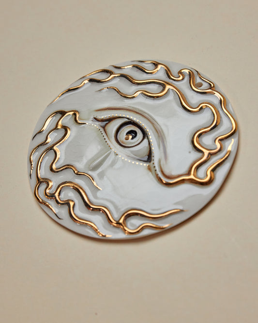 Flaming Eye Incense Holder / Wall Ornament 1 -  Hand crafted Porcelain Home Ornament. Circular ornament with Eye and Flame Border.