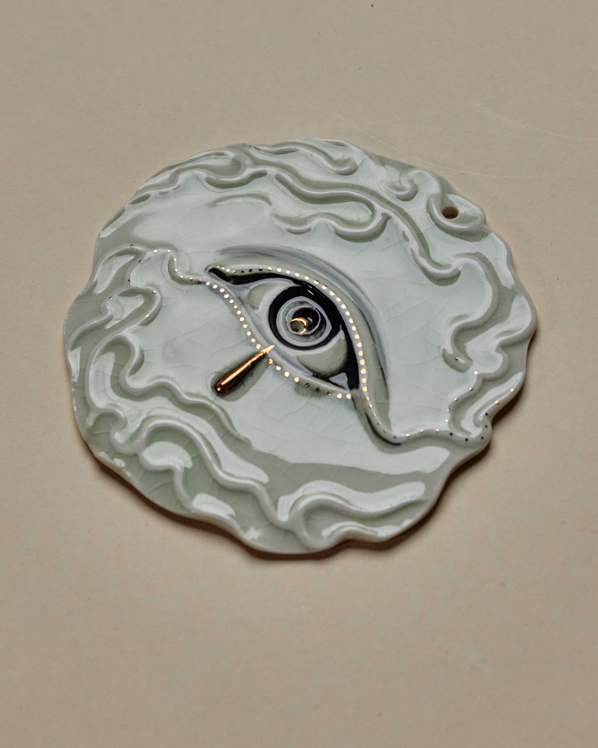 Flaming Eye Incense Holder / Wall Ornament 2 -  Hand crafted Porcelain Home Ornament. Circular ornament with Eye and Flame Border.