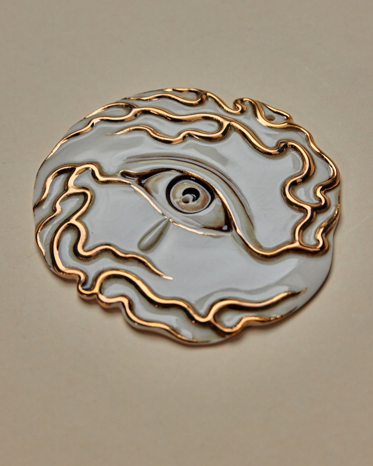 Flaming Eye Incense Holder / Wall Ornament 3 -  Hand crafted Porcelain Home Ornament. Circular ornament with Eye and Flame Border.