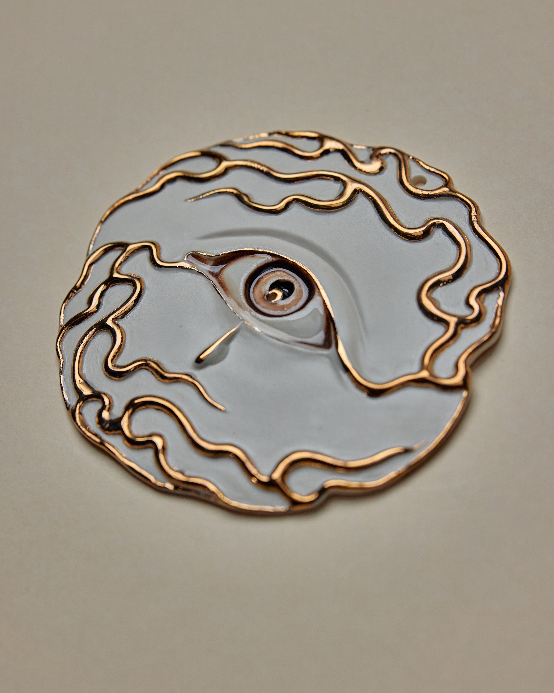 Flaming Eye Incense Holder / Wall Ornament 4 -  Hand crafted Porcelain Home Ornament. Circular ornament with Eye and Flame Border.