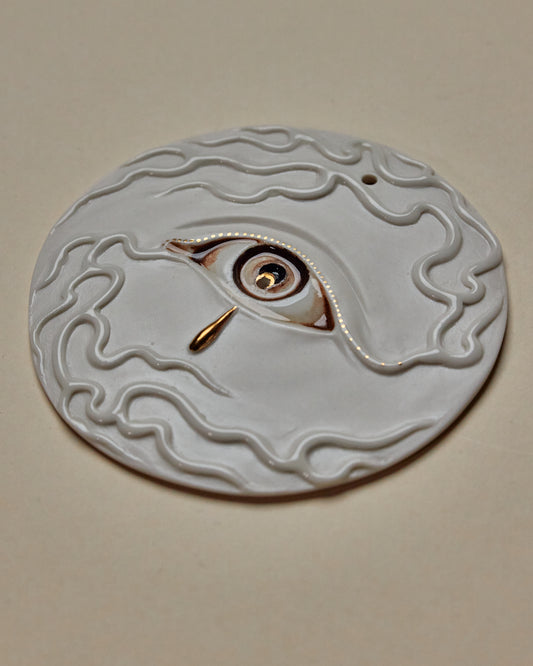 Flaming Eye Incense Holder / Wall Ornament 5 - Hand crafted Porcelain Home Ornament. Circular ornament with Eye and Flame Border.