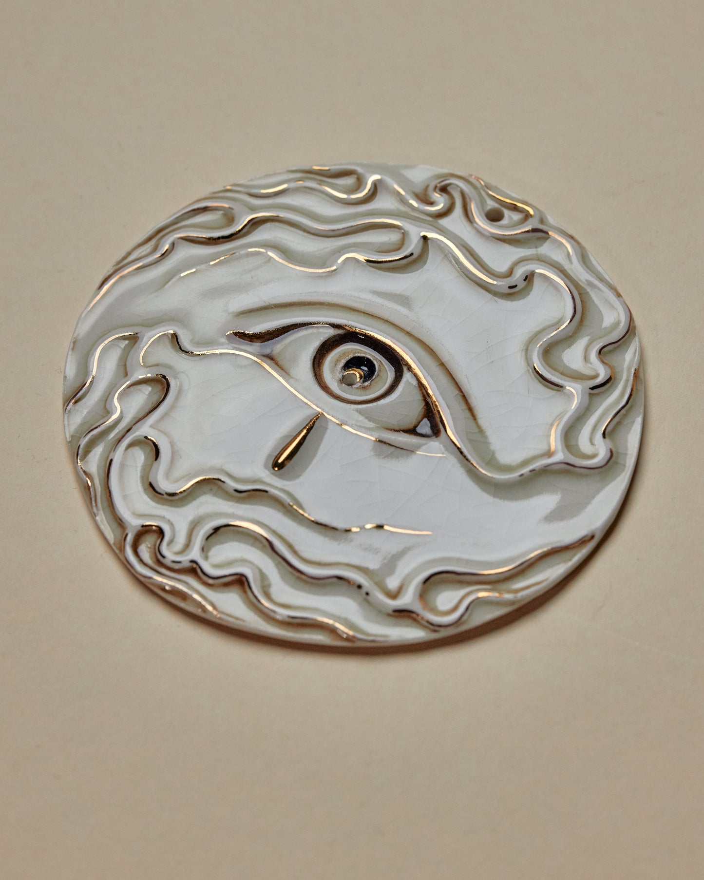 Flaming Eye Incense Holder / Wall Ornament 6 - Hand crafted Porcelain Home Ornament. Circular ornament with Eye and Flame Border.