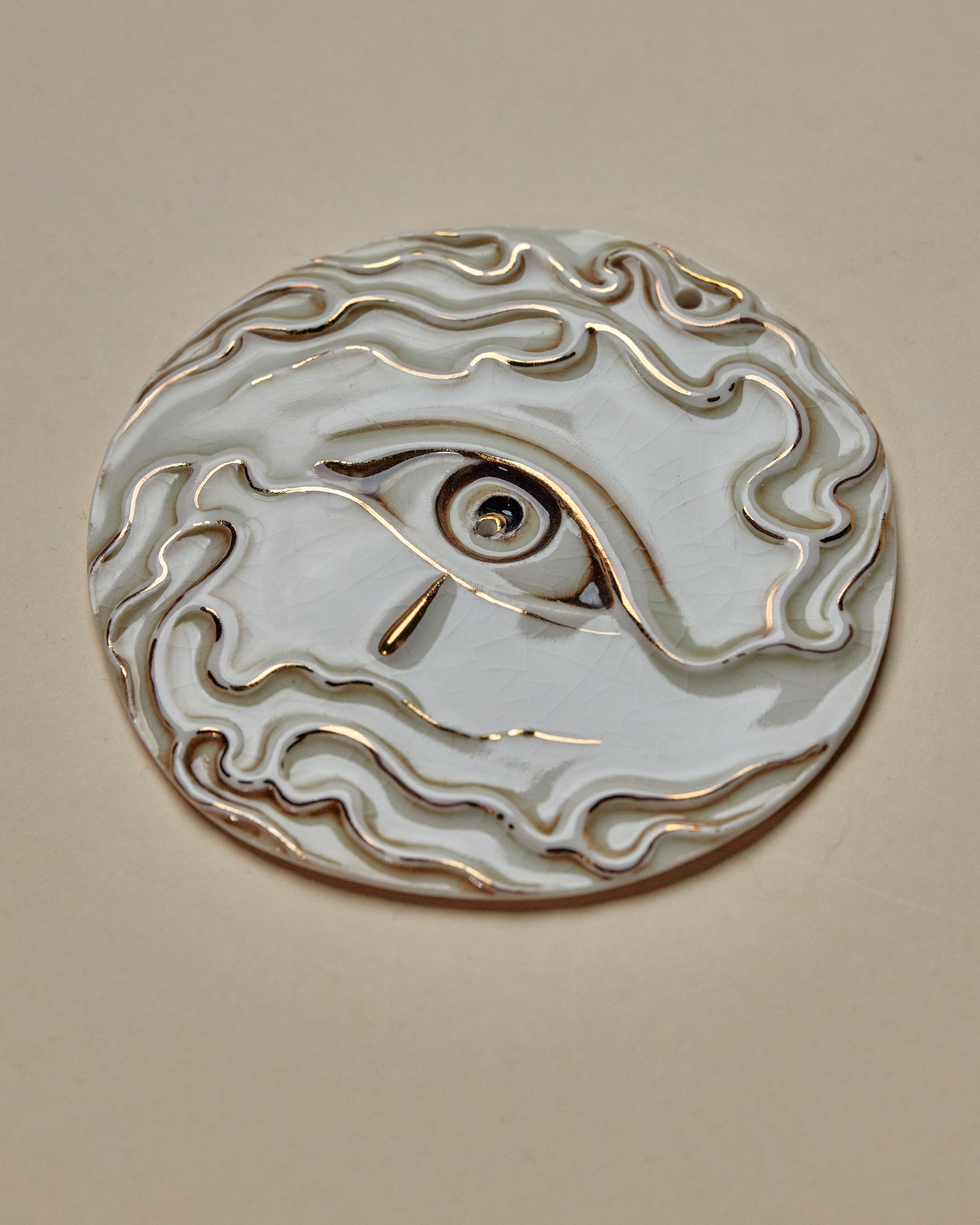 Flaming Eye Incense Holder / Wall Ornament 6 - Hand crafted Porcelain Home Ornament. Circular ornament with Eye and Flame Border.