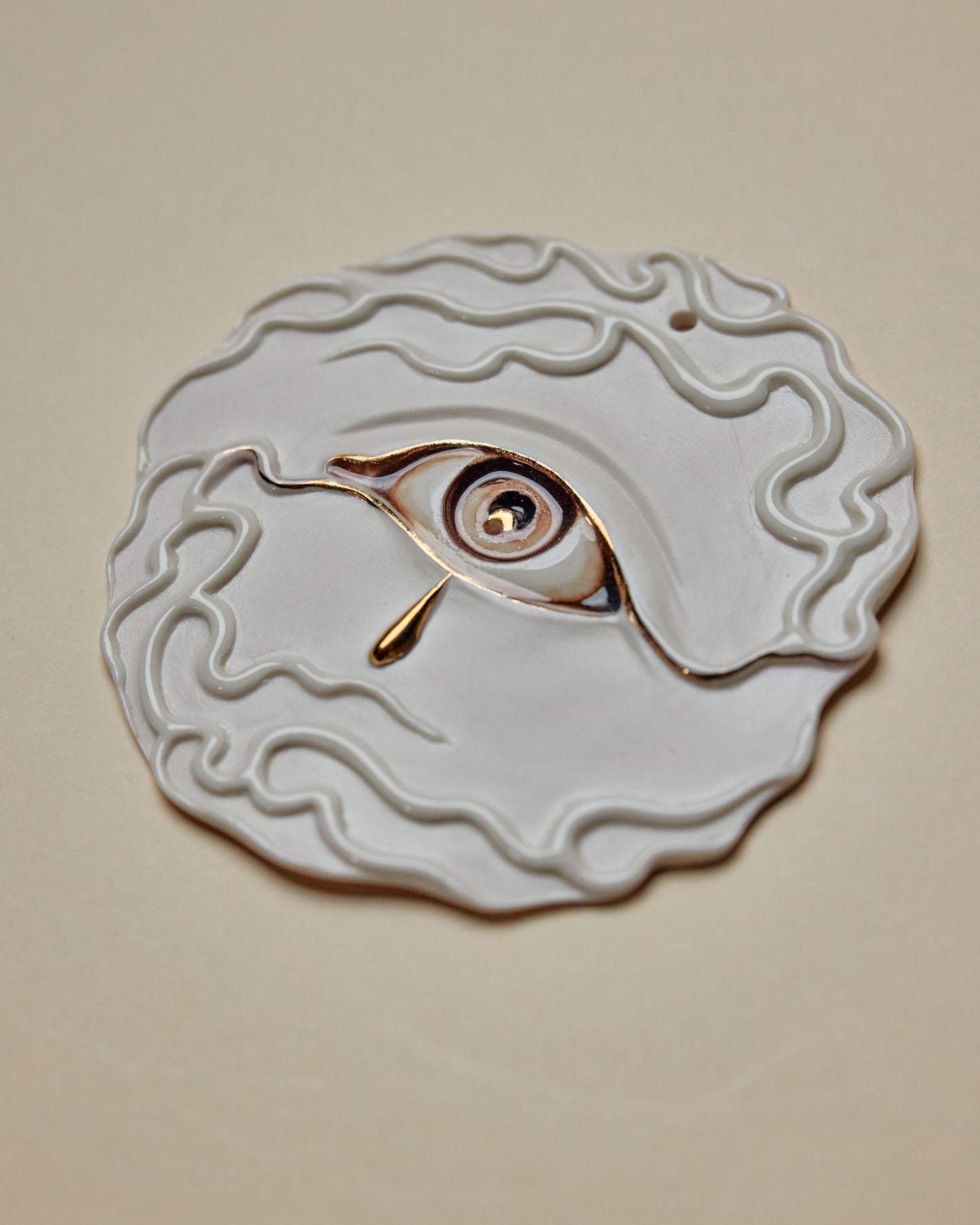 Flaming Eye Incense Holder / Wall Ornament 7 -  Hand crafted Porcelain Home Ornament. Circular ornament with Eye and Flame Border.
