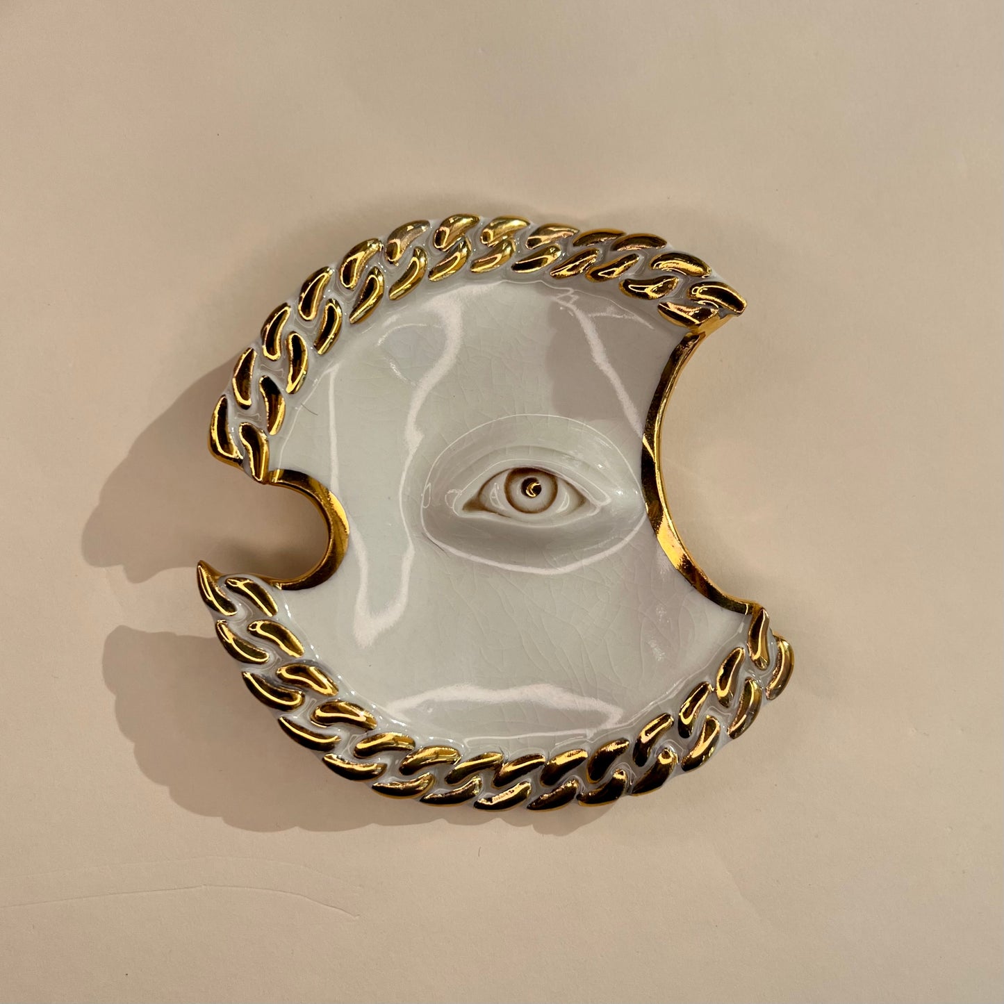 Jewellery Dish 1 -  Hand crafted Porcelain Home Ornament. Circular ornament with Chain Border & Unique Eye Design