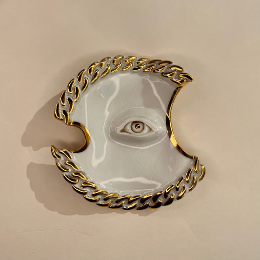 Jewellery Dish 1 -  Hand crafted Porcelain Home Ornament. Circular ornament with Chain Border & Unique Eye Design