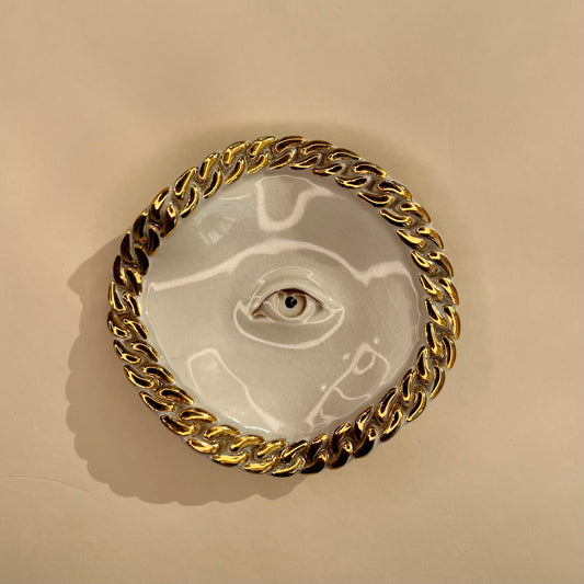 Jewellery Dish 2 -  Hand crafted Porcelain Home Ornament. Circular ornament with Chain Border & Unique Eye Design