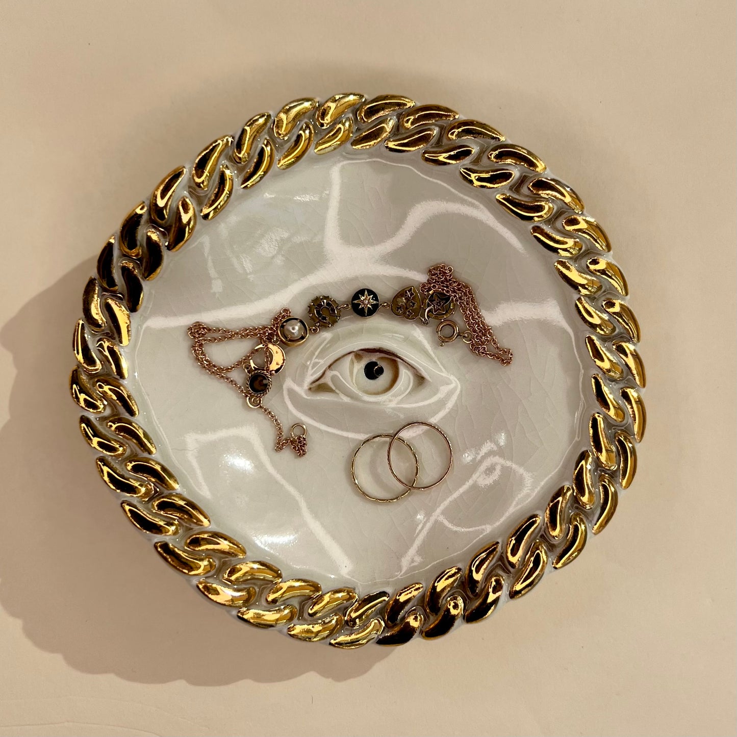 Jewellery Dish 2 -  Hand crafted Porcelain Home Ornament. Circular ornament with Chain Border & Unique Eye Design