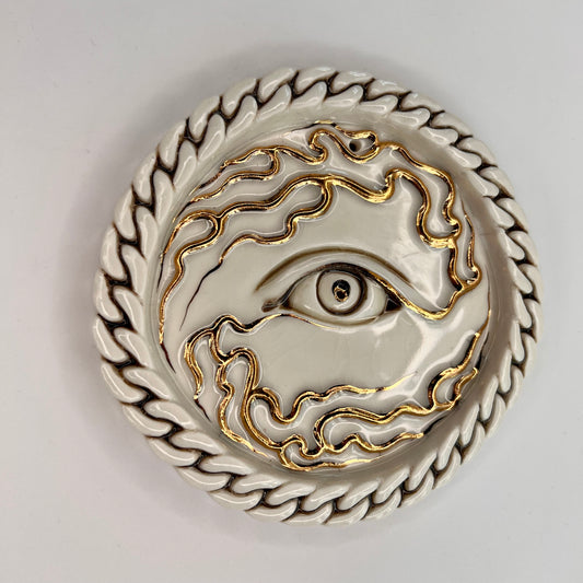 Seconds & Samples - Chain Eyes Incense Holder / Wall Ornament 1 -  Hand crafted Porcelain Home Ornament. Circular ornament with Chain Border & Unique Eye Design in middle, hole for Incense at top