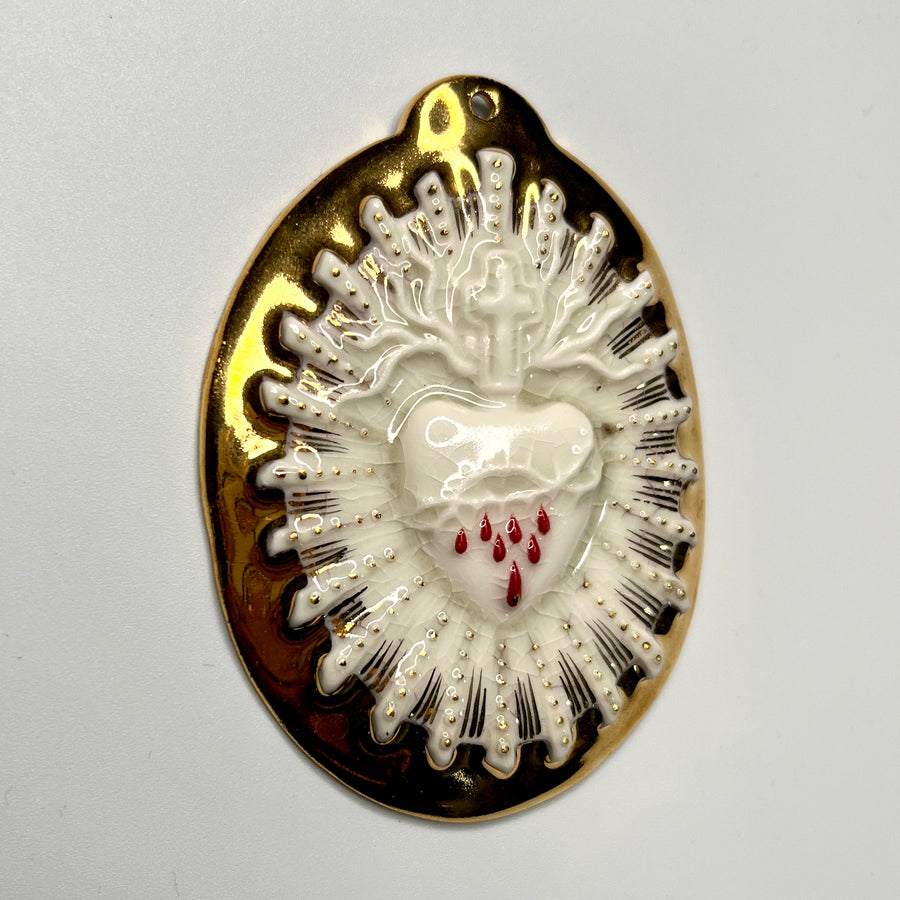 Sacred Heart 1 - Hand crafted Porcelain Table Ornament. White Bleeding Sacred Heart in thorns.