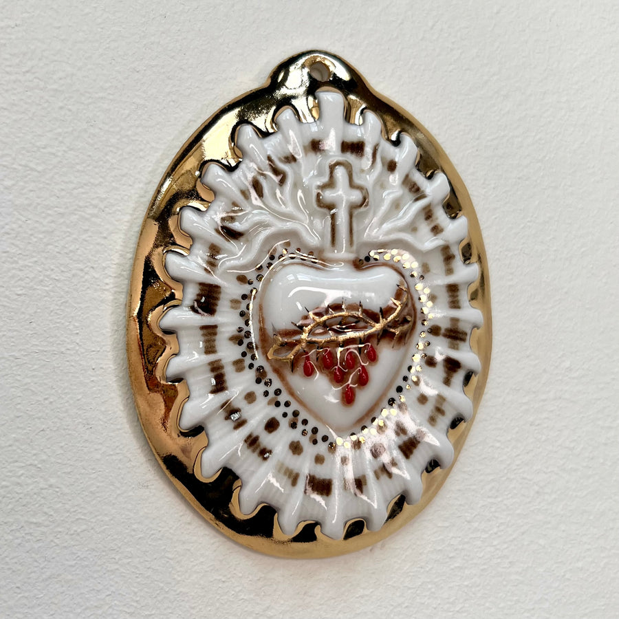 Sacred Heart 11 - Hand crafted Porcelain Table Ornament. Bleeding Sacred Heart in thorns.