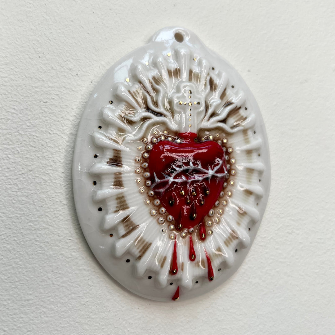 Sacred Heart 12 - Hand crafted Porcelain Table Ornament. Bleeding Sacred Heart in thorns.