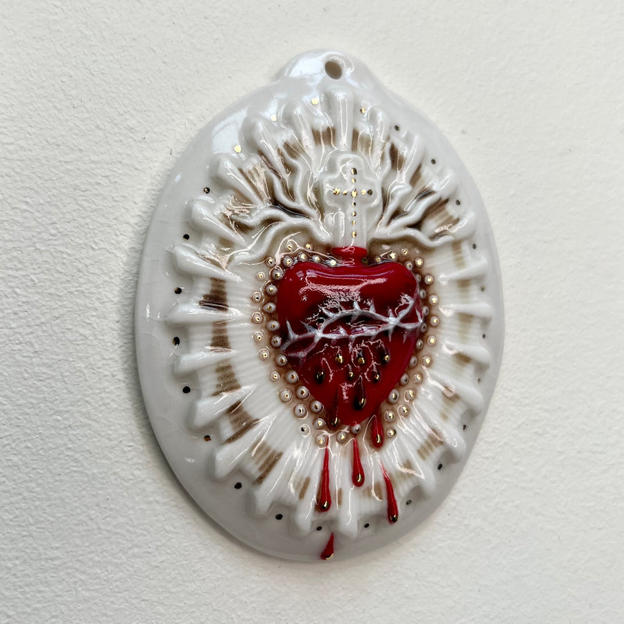 Sacred Heart 12 - Hand crafted Porcelain Table Ornament. Bleeding Sacred Heart in thorns.