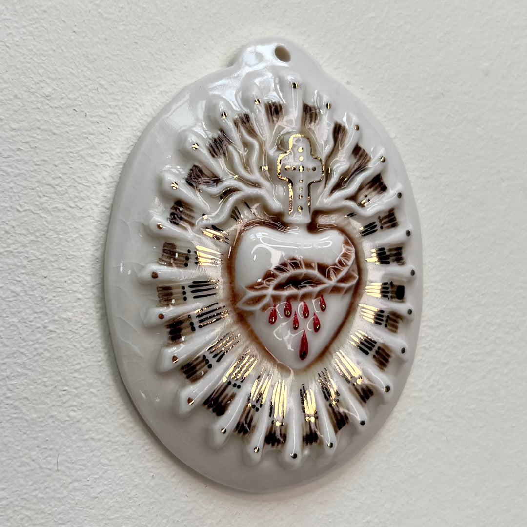 Sacred Heart 13 - Hand crafted Porcelain Table Ornament. Bleeding Sacred Heart in thorns.