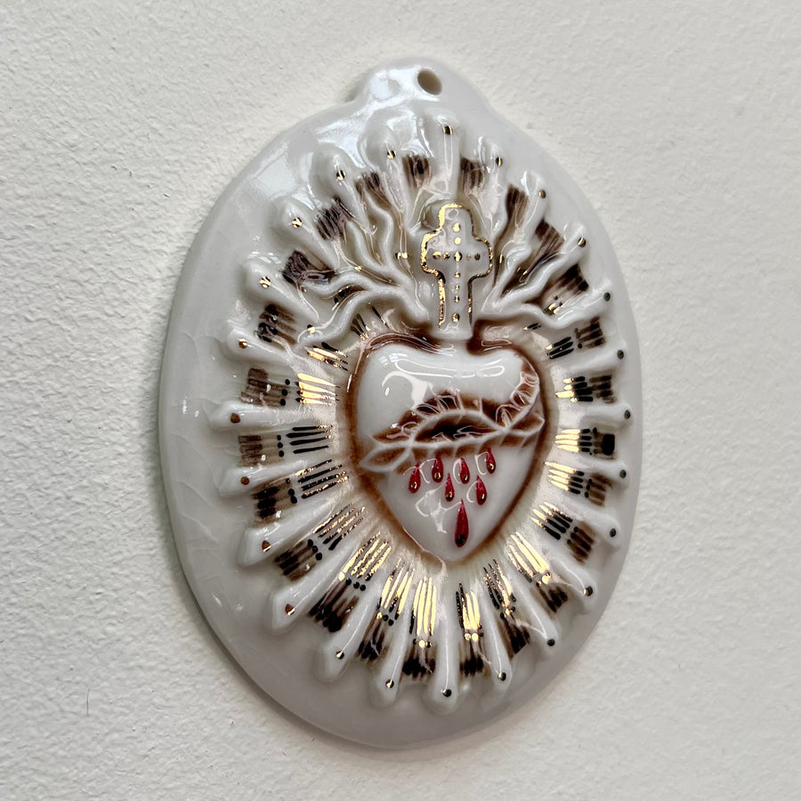 Sacred Heart 13 - Hand crafted Porcelain Table Ornament. Bleeding Sacred Heart in thorns.
