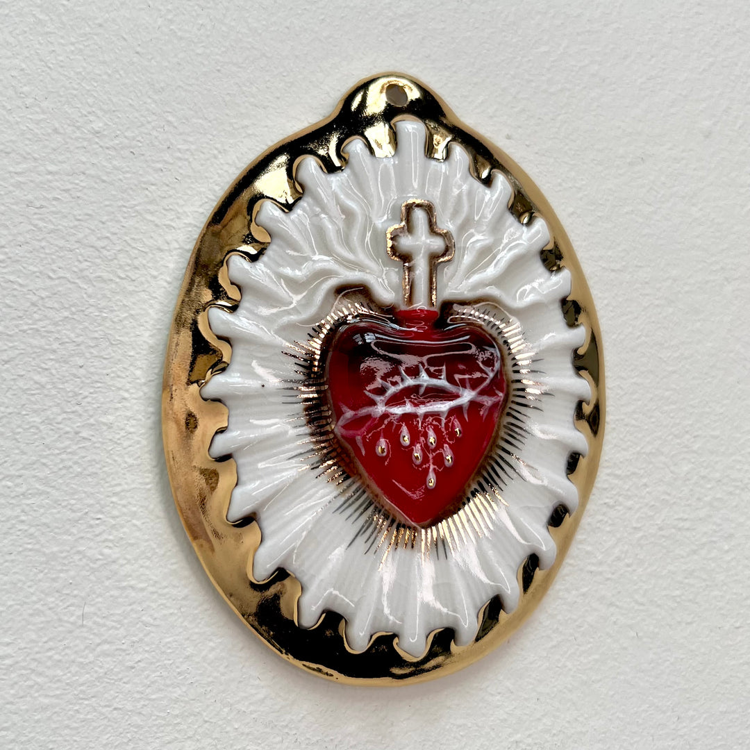 Sacred Heart 14 - Hand crafted Porcelain Table Ornament. Bleeding Sacred Heart in thorns.