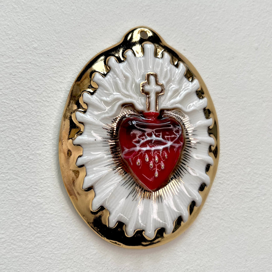 Sacred Heart 14 - Hand crafted Porcelain Table Ornament. Bleeding Sacred Heart in thorns.