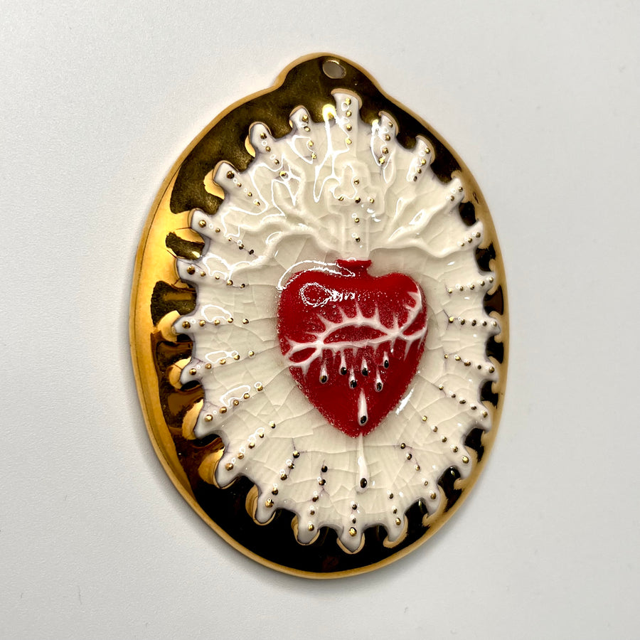 Sacred Heart 2 - Hand crafted Porcelain Table Ornament. Red Bleeding Sacred Heart in thorns.