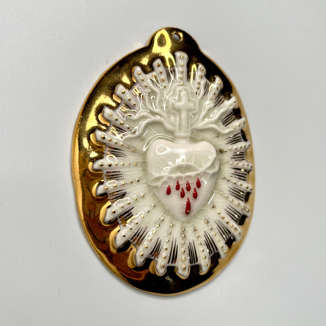 Sacred Heart 3 - Hand crafted Porcelain Table Ornament. White Bleeding Sacred Heart in thorns.