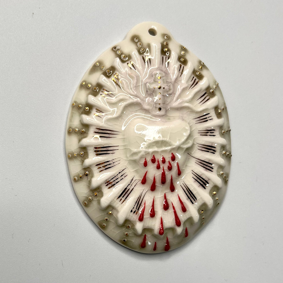 Sacred Heart 4 - Hand crafted Porcelain Table Ornament. White Bleeding Sacred Heart in thorns.