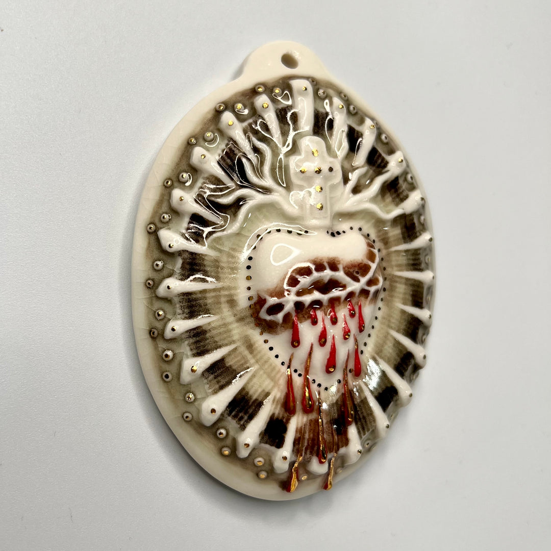 Sacred Heart 5 - Hand crafted Porcelain Table Ornament. Bleeding Sacred Heart in thorns.
