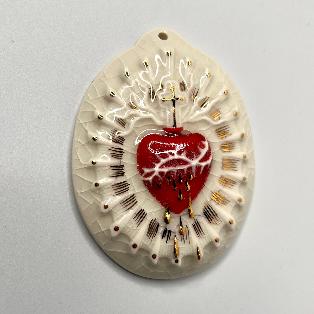 Sacred Heart 6 - Hand crafted Porcelain Table Ornament. Bleeding Sacred Heart in thorns.