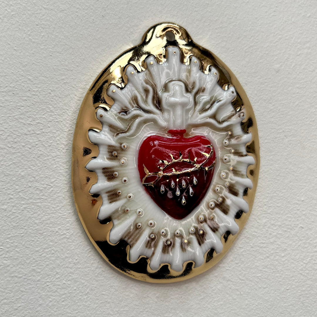 Sacred Heart 7 - Hand crafted Porcelain Table Ornament. Bleeding Sacred Heart in thorns.