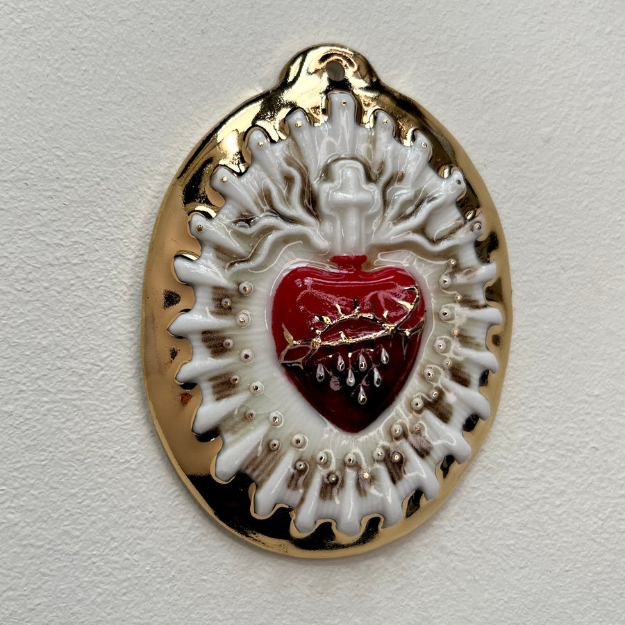 Sacred Heart 7 - Hand crafted Porcelain Table Ornament. Bleeding Sacred Heart in thorns.
