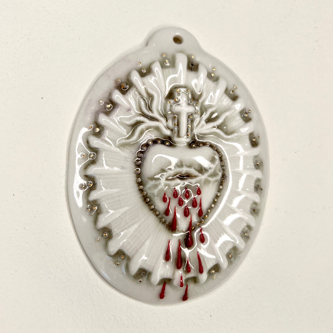 Sacred Heart 9 - Hand crafted Porcelain Table Ornament. Bleeding Sacred Heart in thorns.