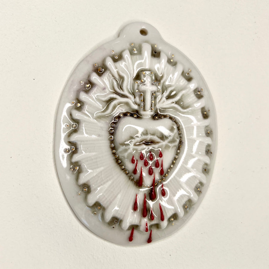 Sacred Heart 9 - Hand crafted Porcelain Table Ornament. Bleeding Sacred Heart in thorns.