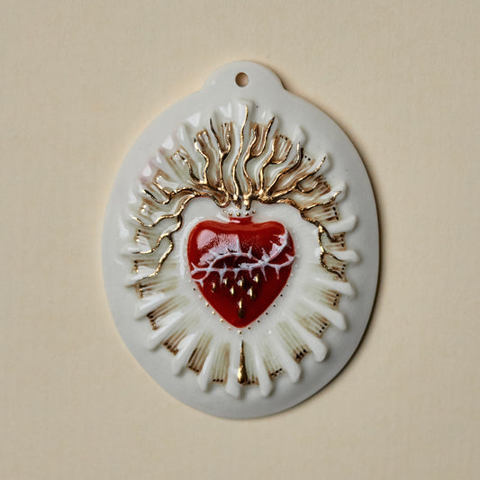 Sacred Heart 1 - Hand crafted Porcelain Table Ornament. Bleeding Sacred Heart in thorns.