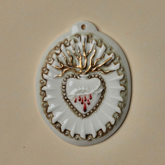 Sacred Heart 2 - Hand crafted Porcelain Table Ornament. Bleeding Sacred Heart in thorns.