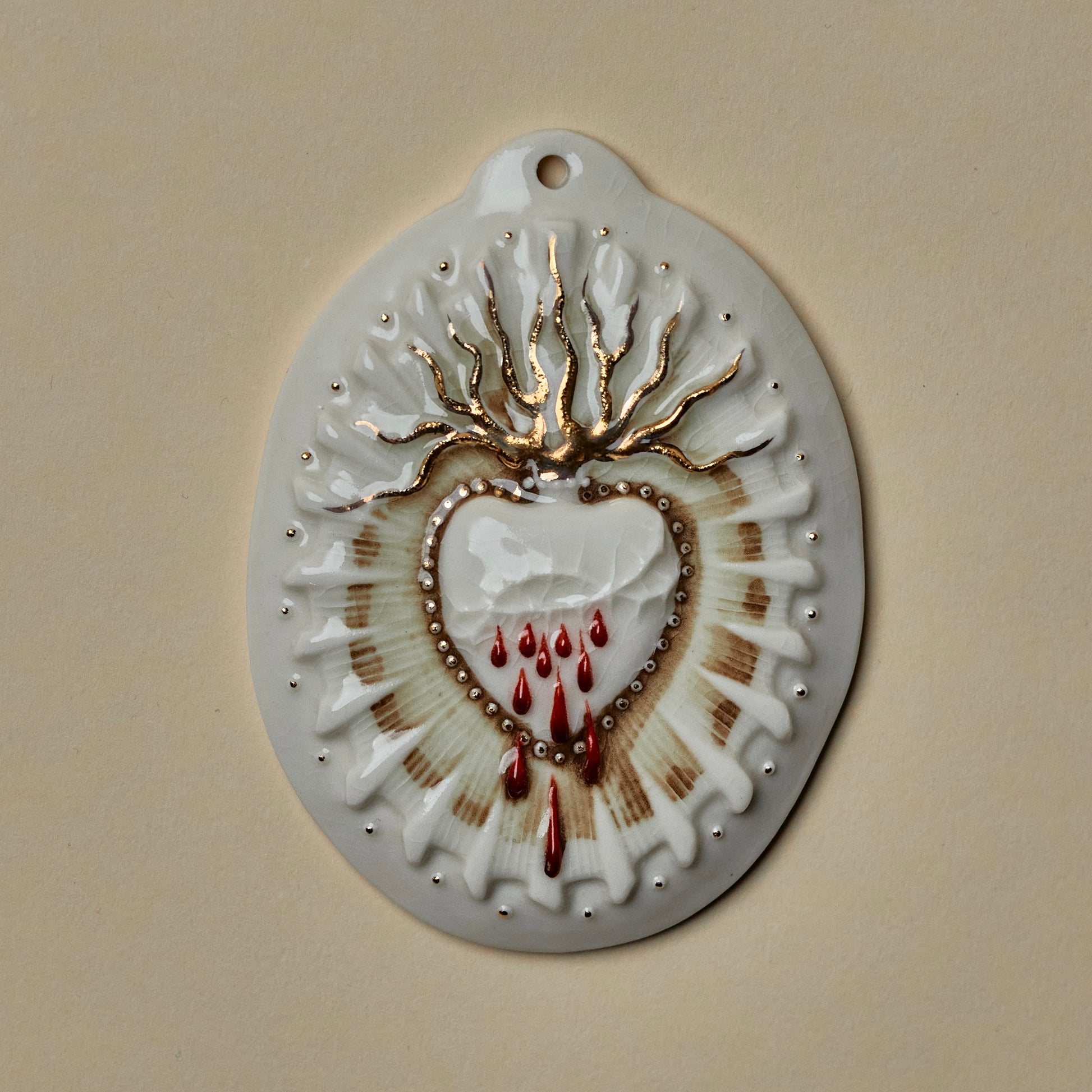 Sacred Heart 3 - Hand crafted Porcelain Table Ornament. Bleeding Sacred Heart in thorns.